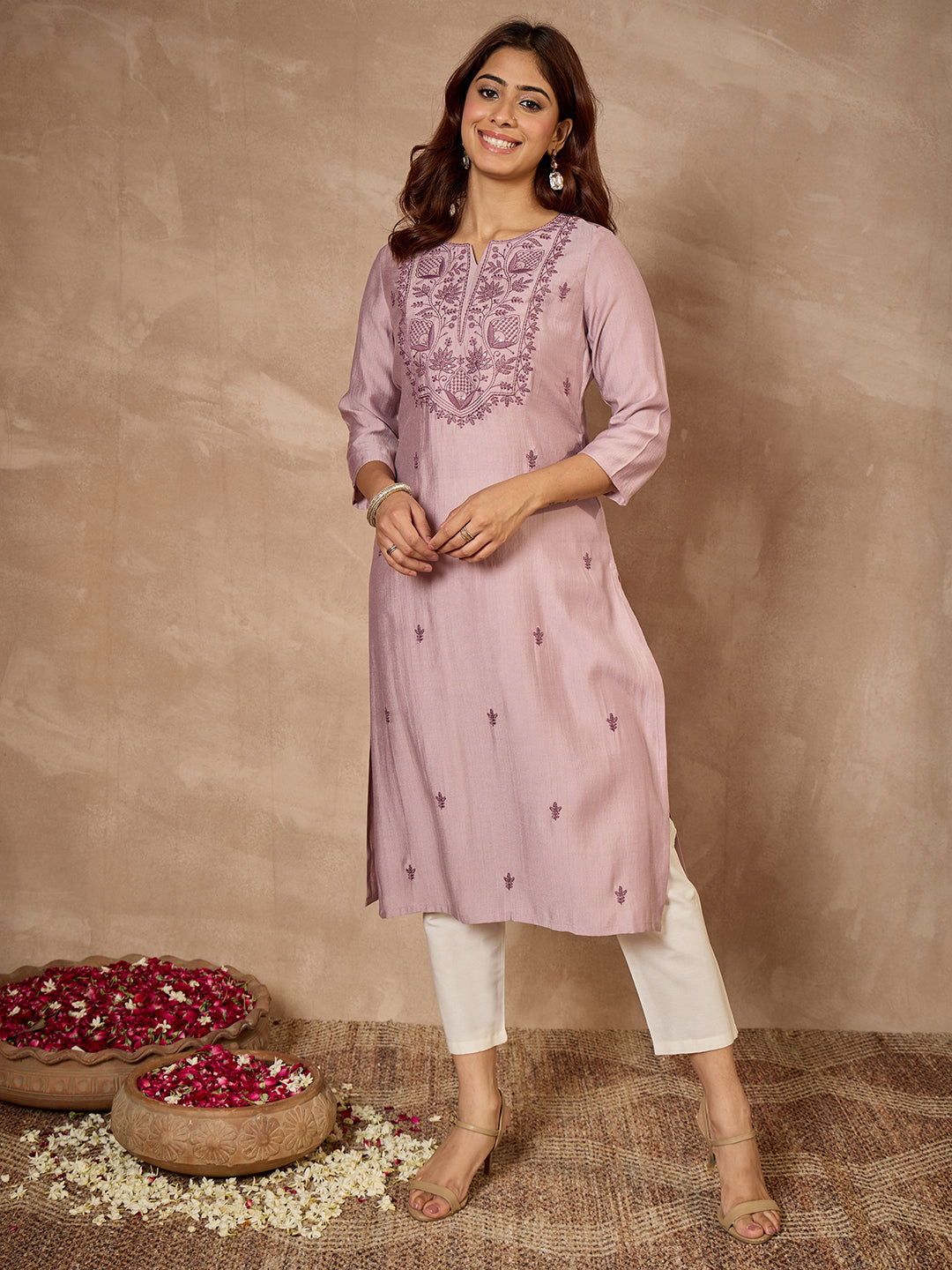 Janasya Women's Lavender Silk Blend Yoke Embroidered Straight Kurta