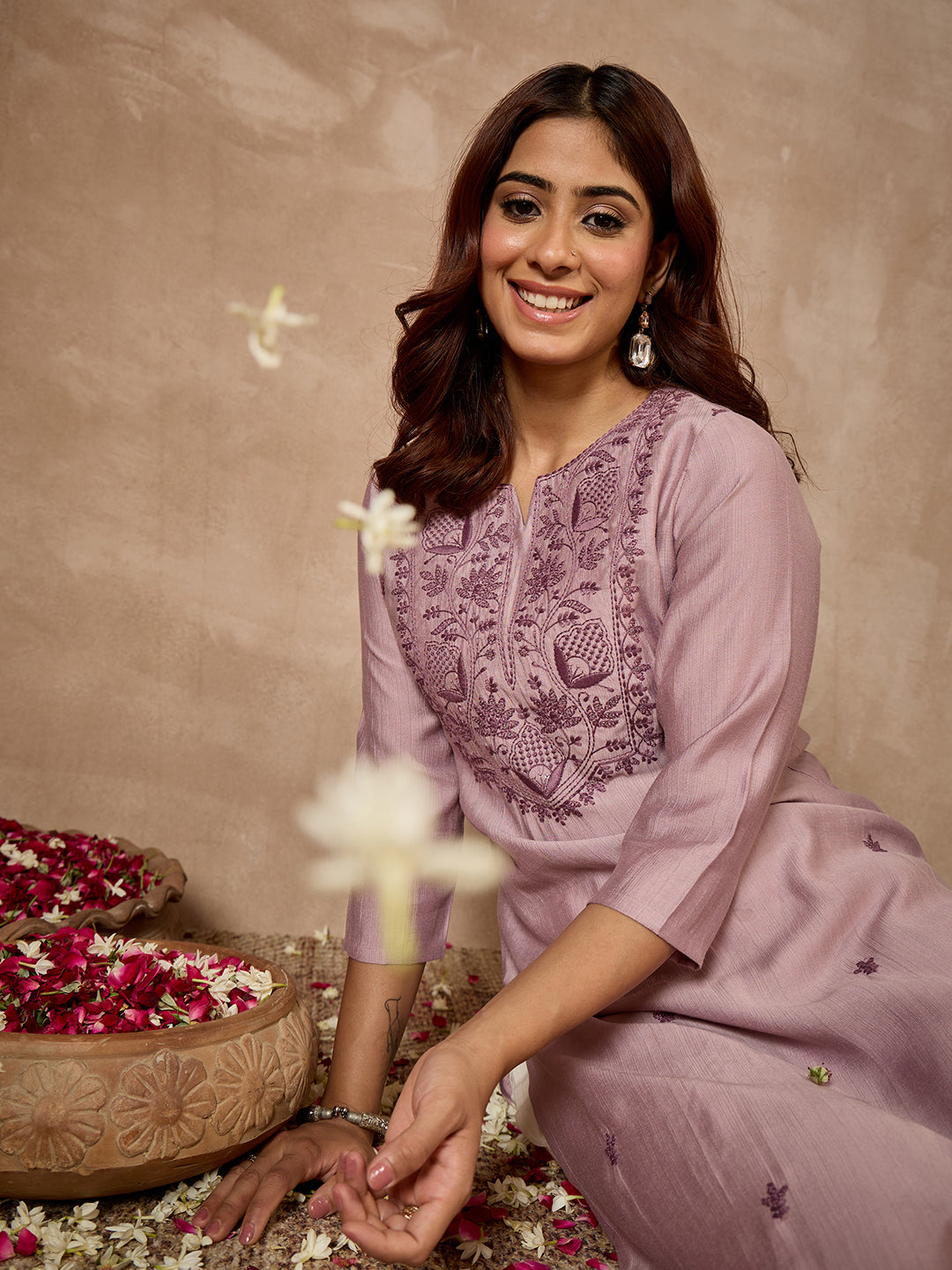 Janasya Women's Lavender Silk Blend Yoke Embroidered Straight Kurta