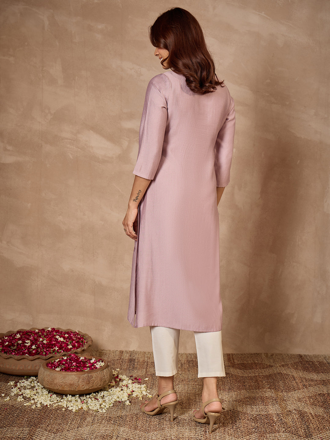 Janasya Women's Lavender Silk Blend Yoke Embroidered Straight Kurta