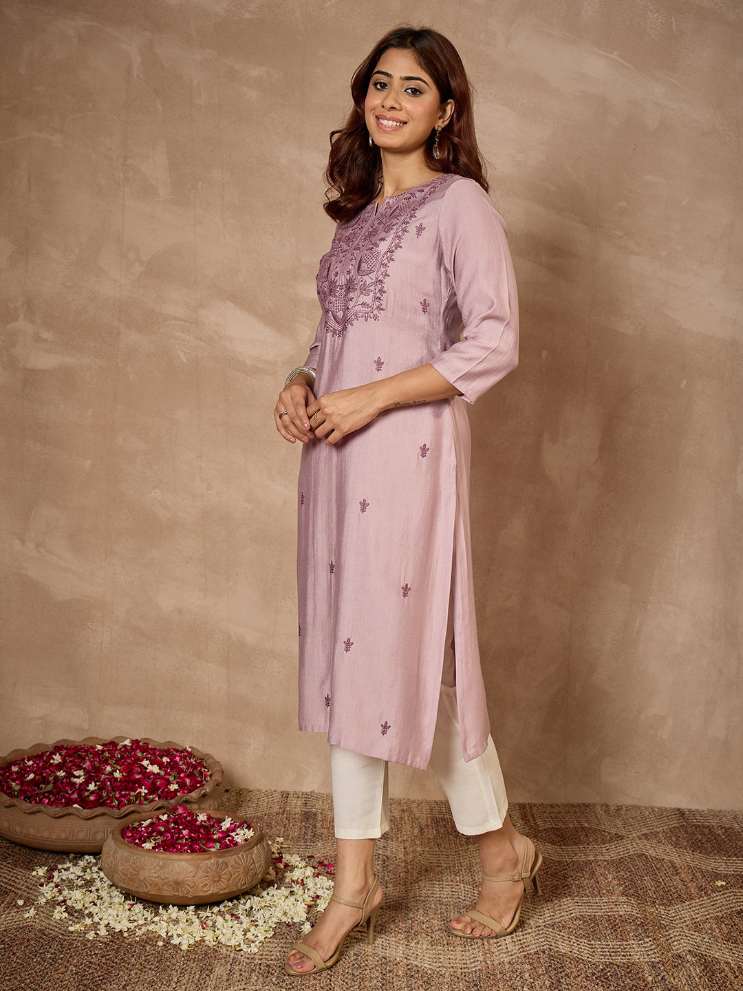 Janasya Women's Lavender Silk Blend Yoke Embroidered Straight Kurta