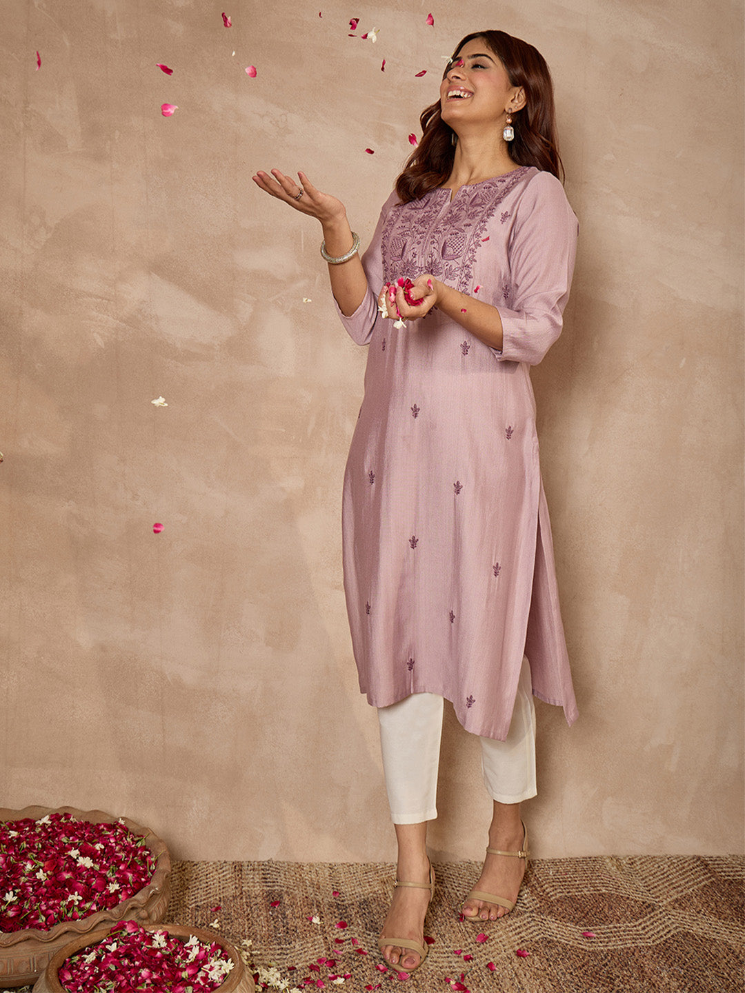 Janasya Women's Lavender Silk Blend Yoke Embroidered Straight Kurta