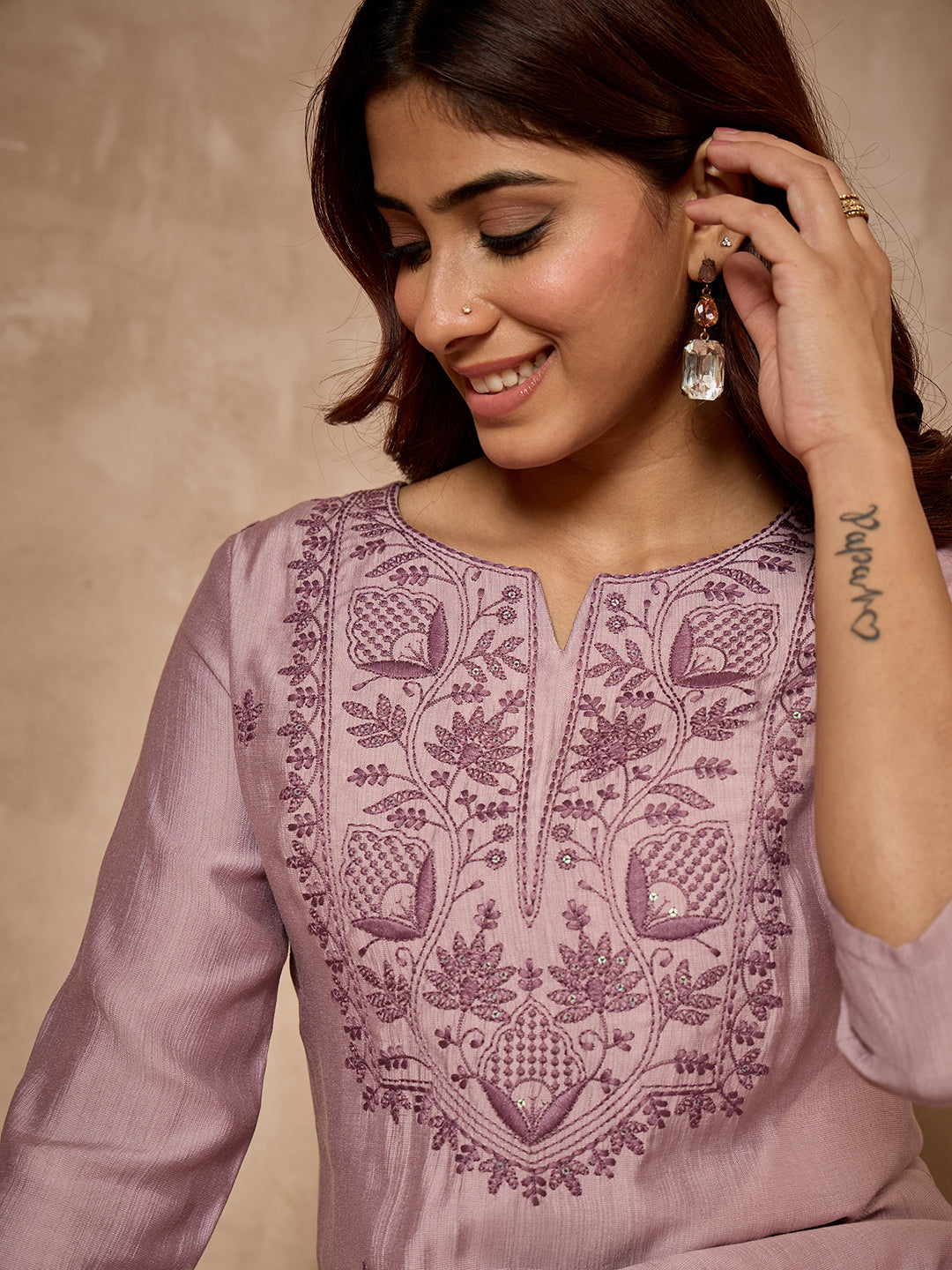 Janasya Women's Lavender Silk Blend Yoke Embroidered Straight Kurta