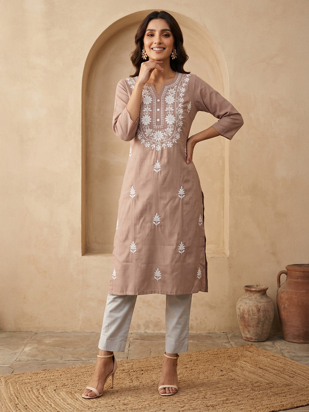 Janasya Women's Dusty Brown Silk Blend Embroidered Straight Kurta