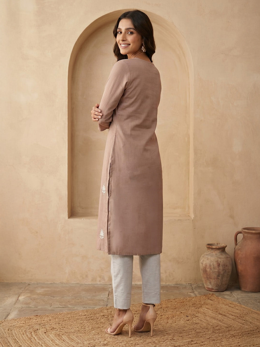 Janasya Women's Dusty Brown Silk Blend Embroidered Straight Kurta