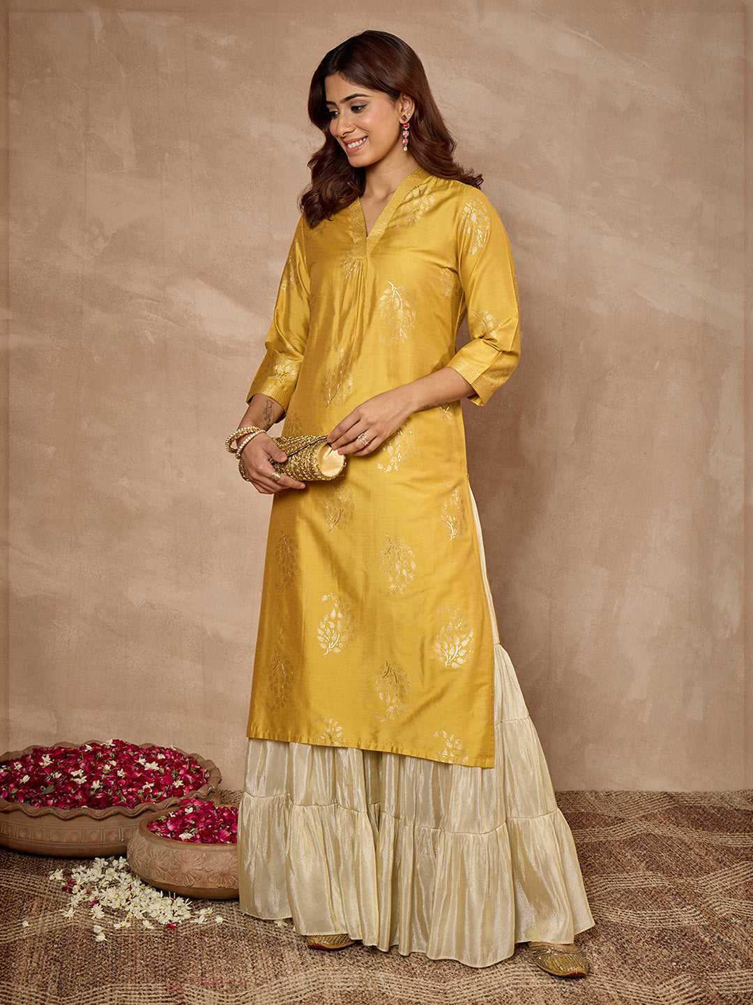 Janasya Women's Mustard Silk Blend Foil Printed Straight Kurta