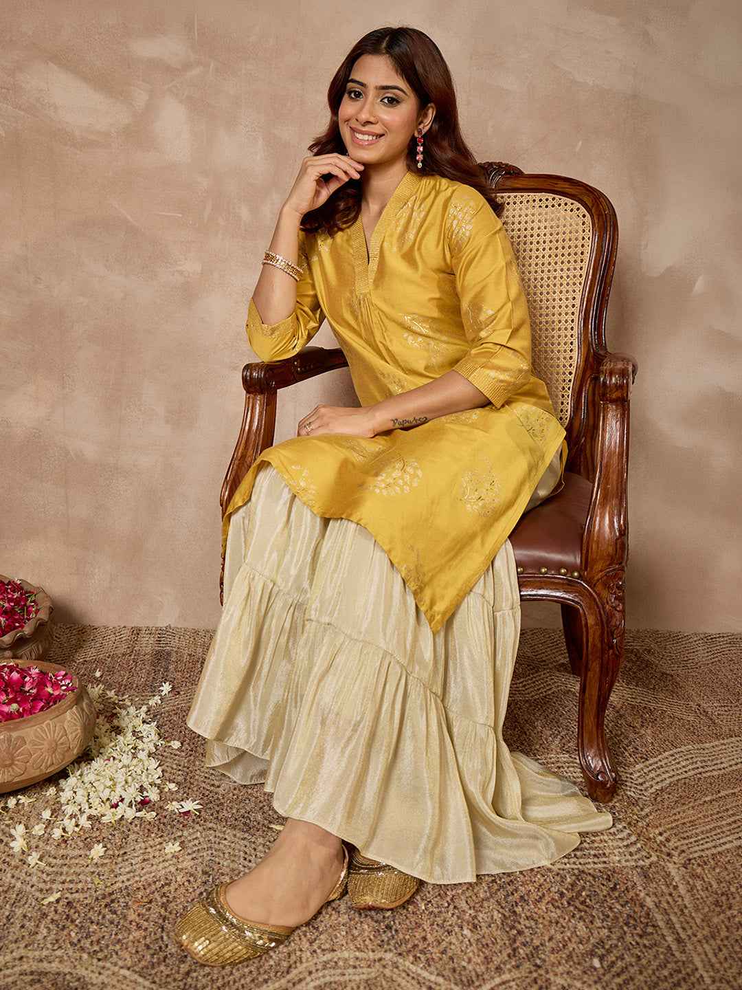 Janasya Women's Mustard Silk Blend Foil Printed Straight Kurta