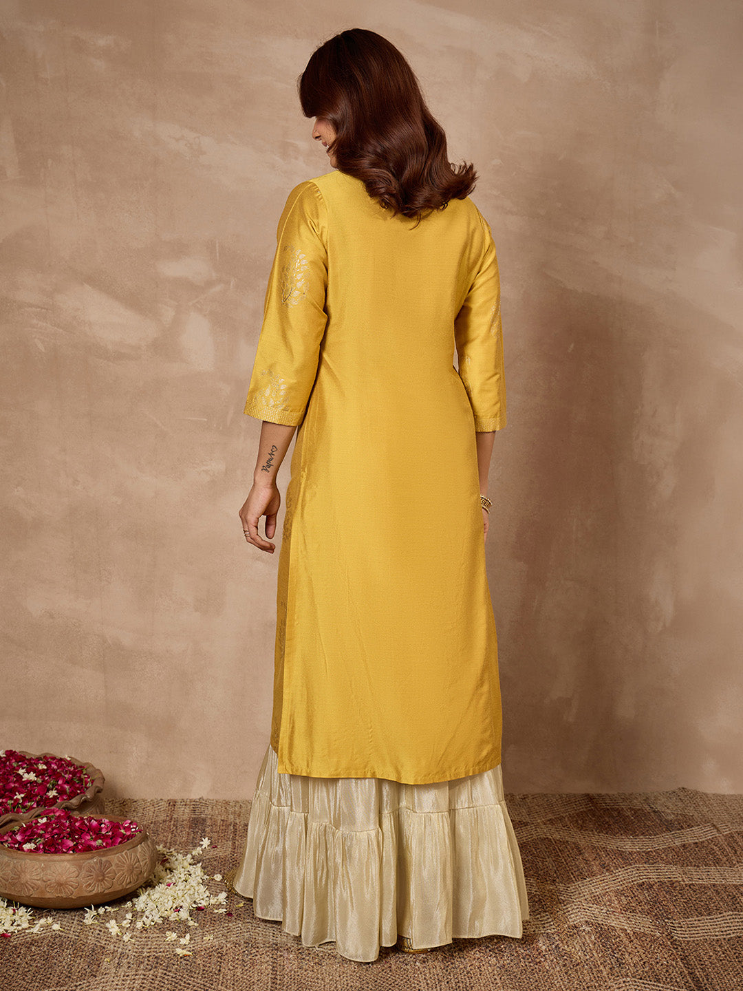 Janasya Women's Mustard Silk Blend Foil Printed Straight Kurta