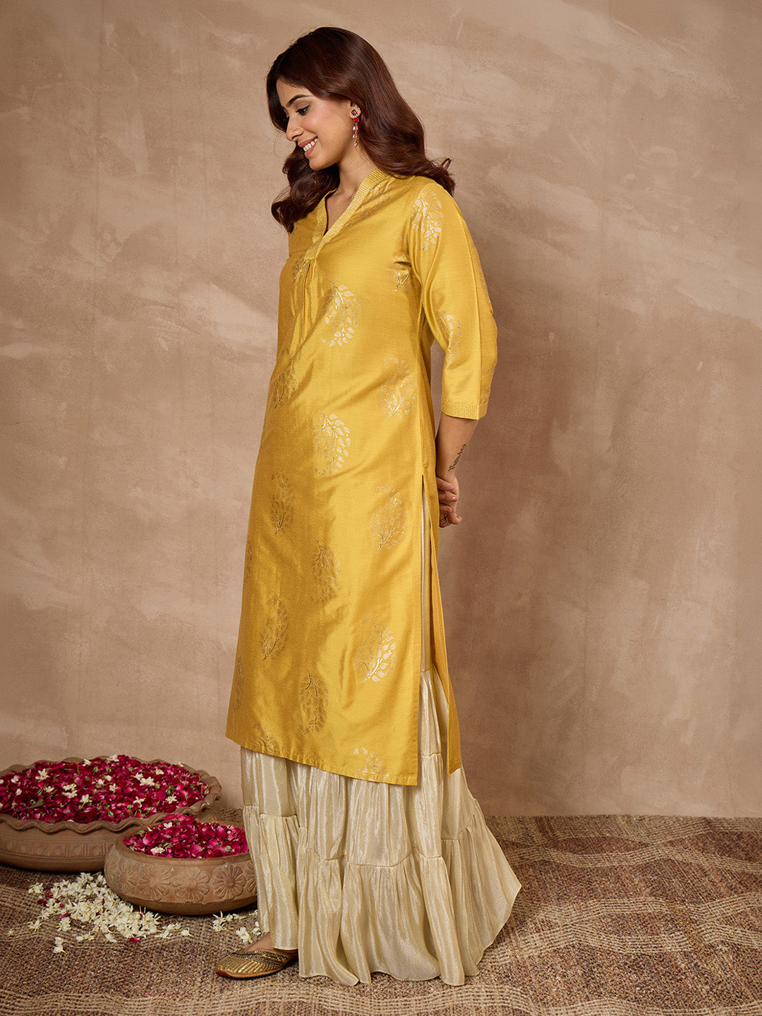 Janasya Women's Mustard Silk Blend Foil Printed Straight Kurta