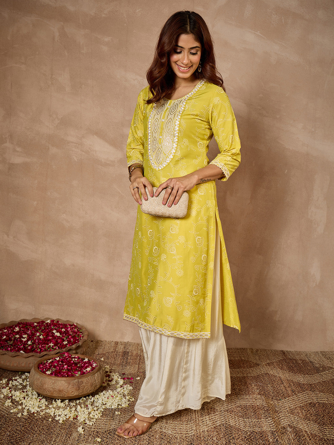 Janasya Women's Lime Silk Blend Yoke Embroidered Foil Printed Straight Kurta