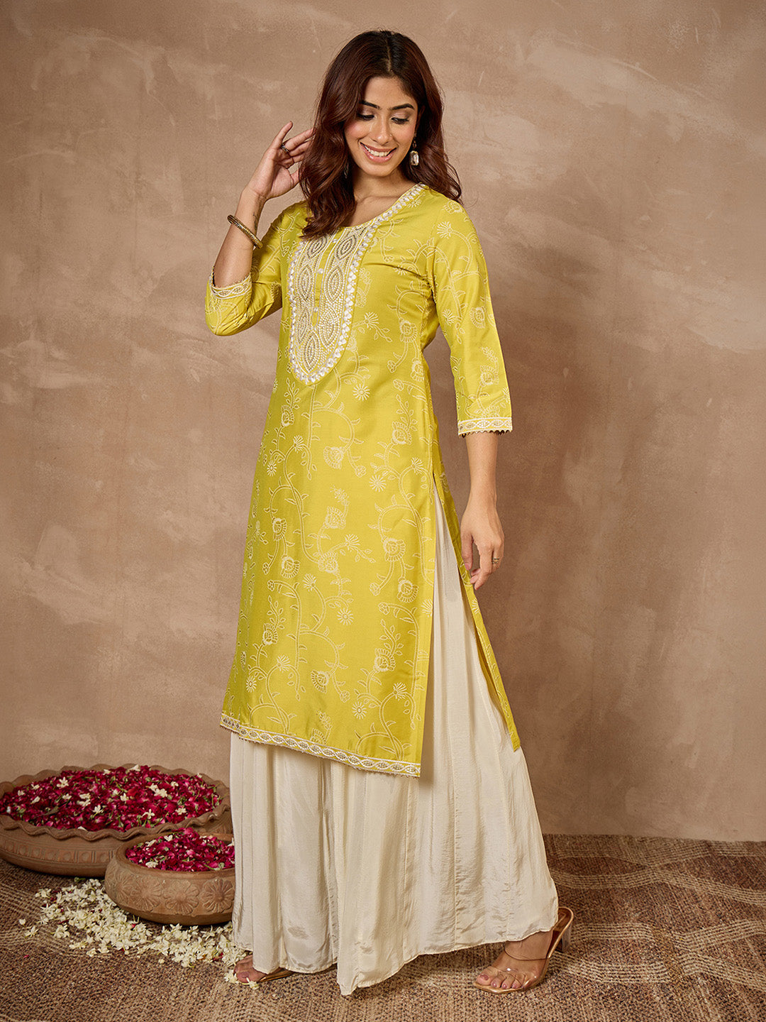 Janasya Women's Lime Silk Blend Yoke Embroidered Foil Printed Straight Kurta