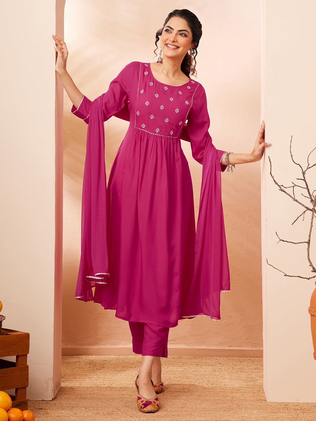 Janasya Women's Pink Rayon Yoke Embroidered A-line Kurta Set