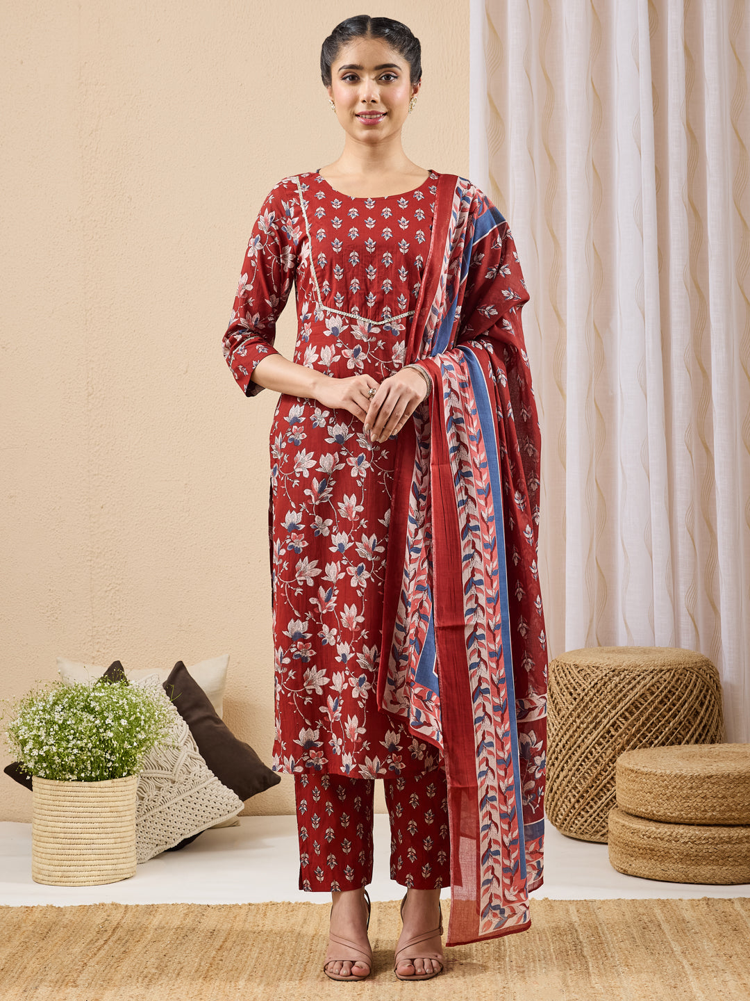 Janasya Women's Maroon Pure Cotton Floral Printed Straight Kurta Set