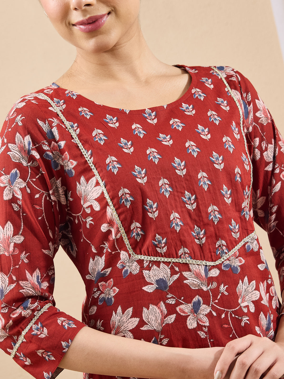Janasya Women's Maroon Pure Cotton Floral Printed Straight Kurta Set