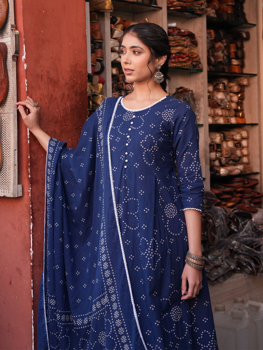 Janasya Women's Blue Pure Cotton Bandhani Printed A-line Kurta Set