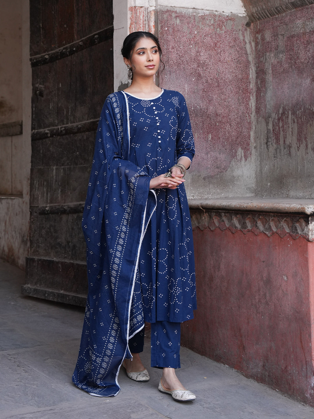 Janasya Women's Blue Pure Cotton Bandhani Printed A-line Kurta Set