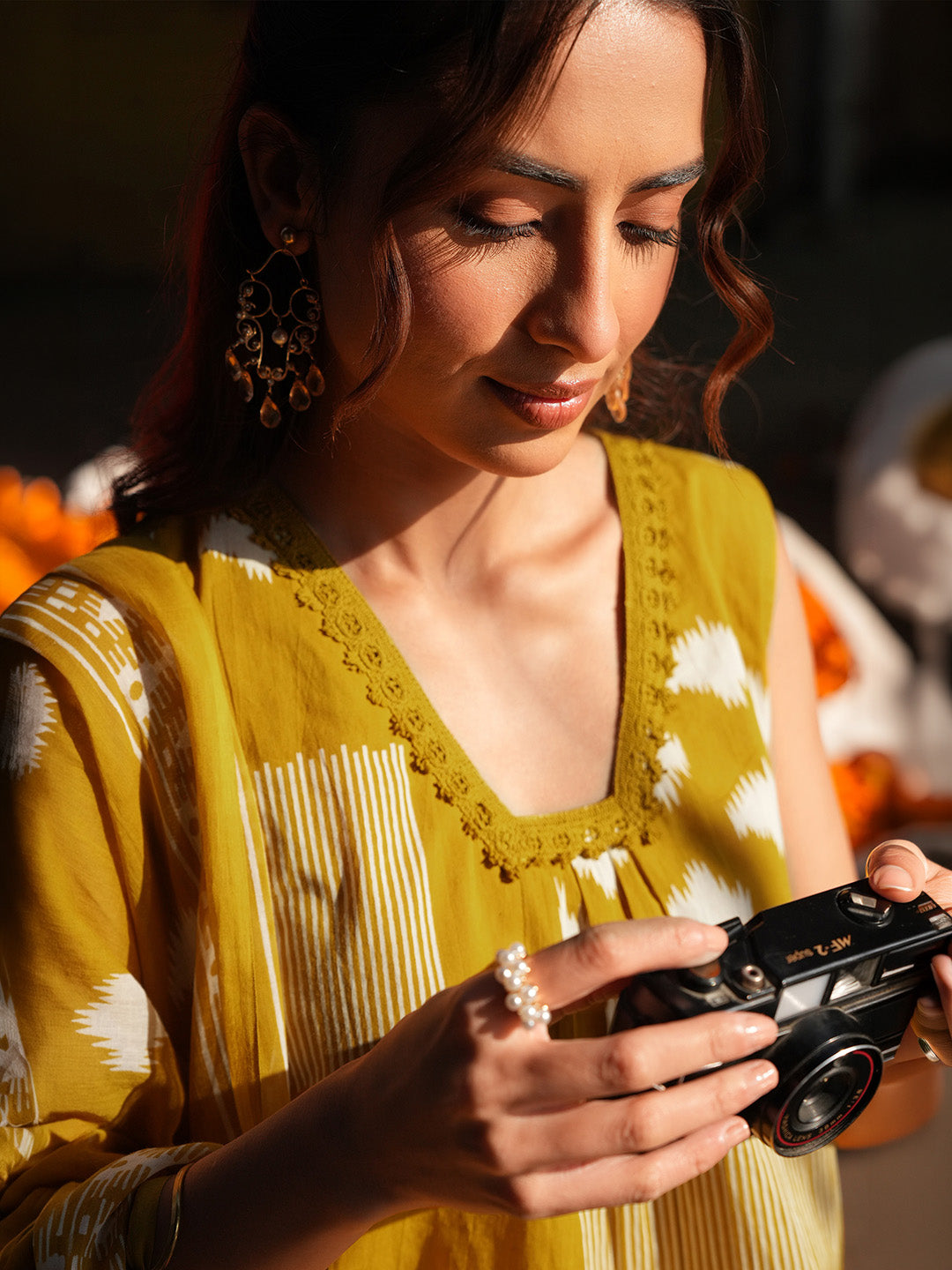 Janasya Women's Mustard Pure Cotton Ikat Printed A-line Kurta Set