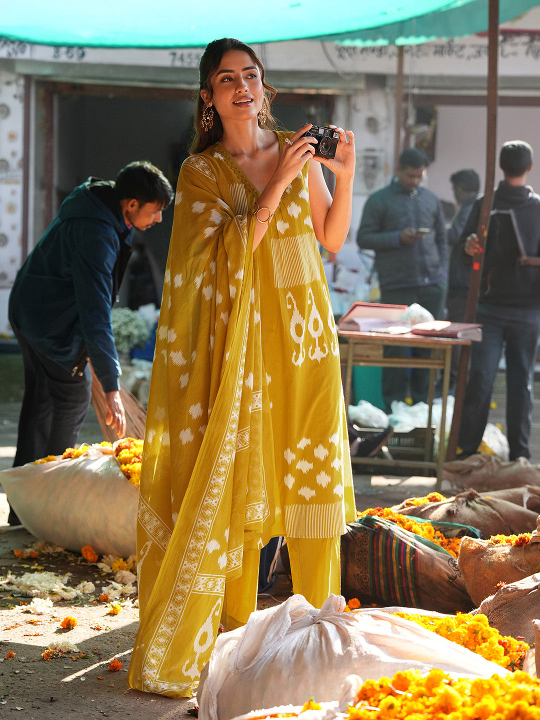 Janasya Women's Mustard Pure Cotton Ikat Printed A-line Kurta Set