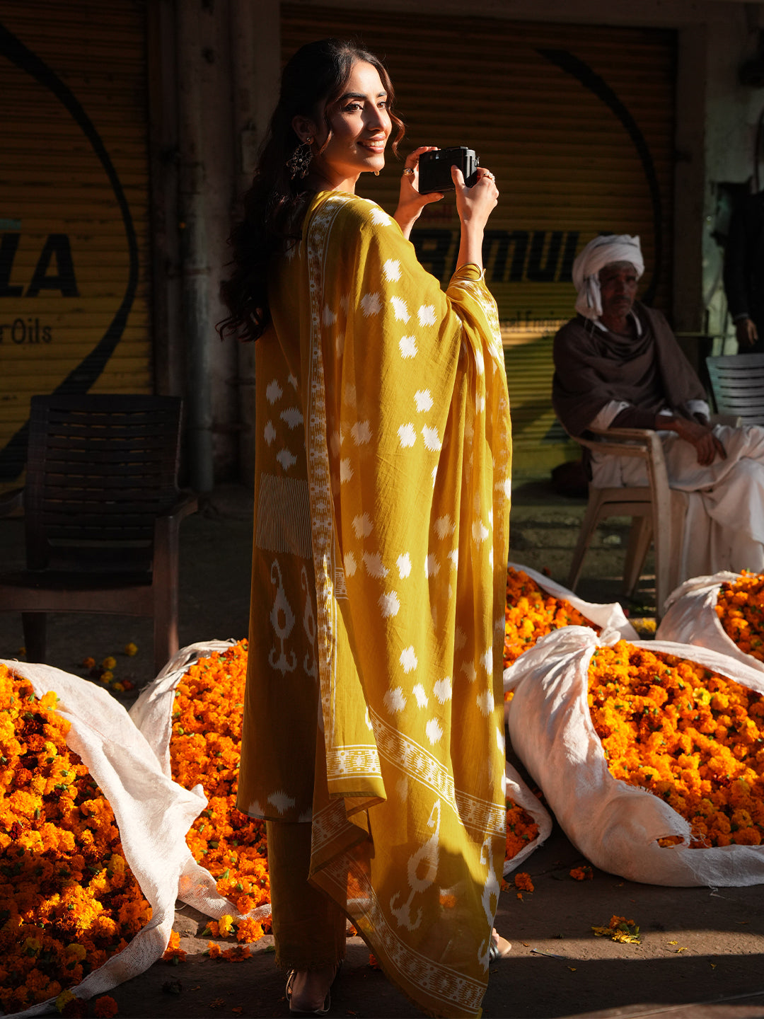 Janasya Women's Mustard Pure Cotton Ikat Printed A-line Kurta Set