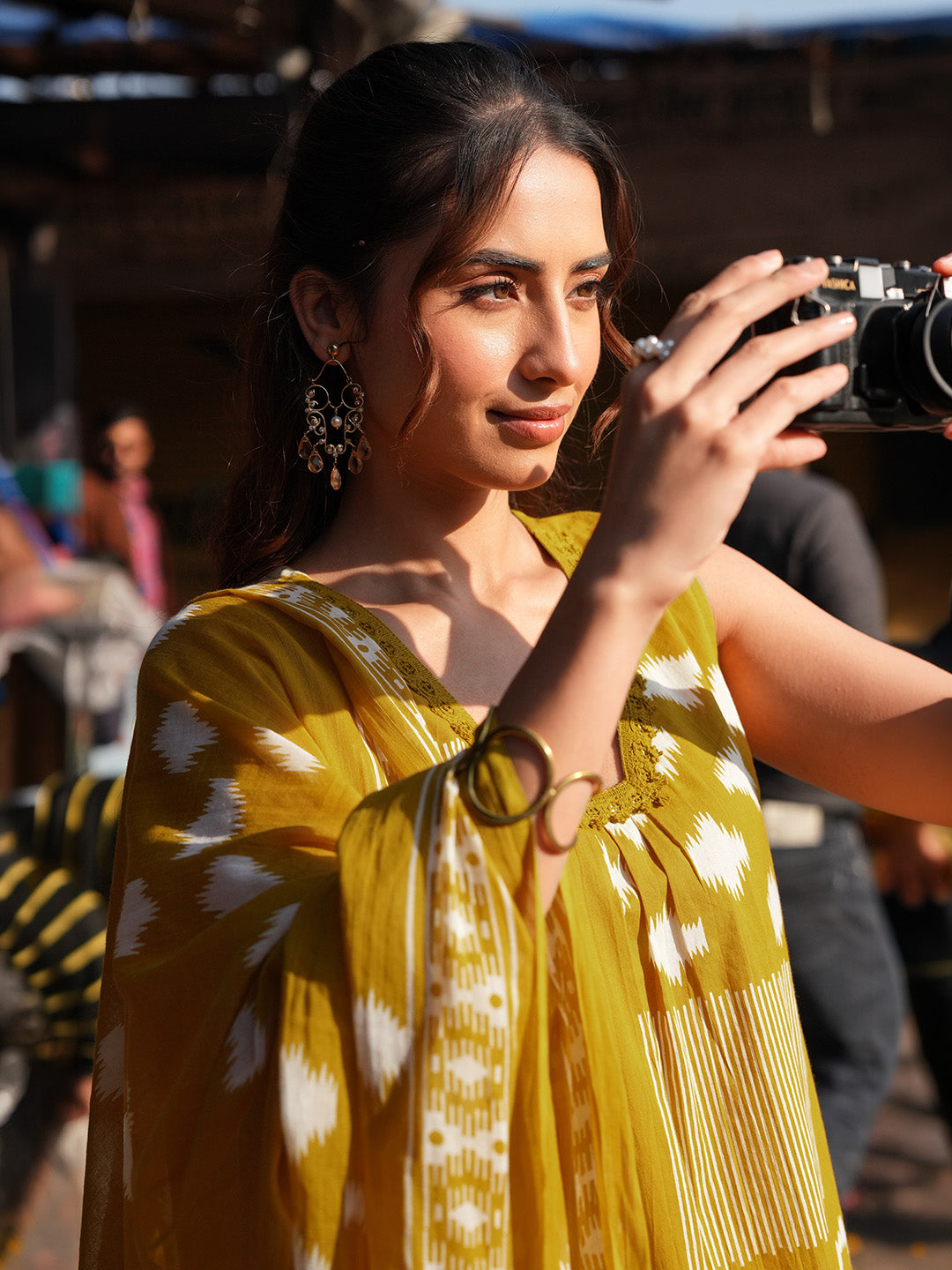 Janasya Women's Mustard Pure Cotton Ikat Printed A-line Kurta Set