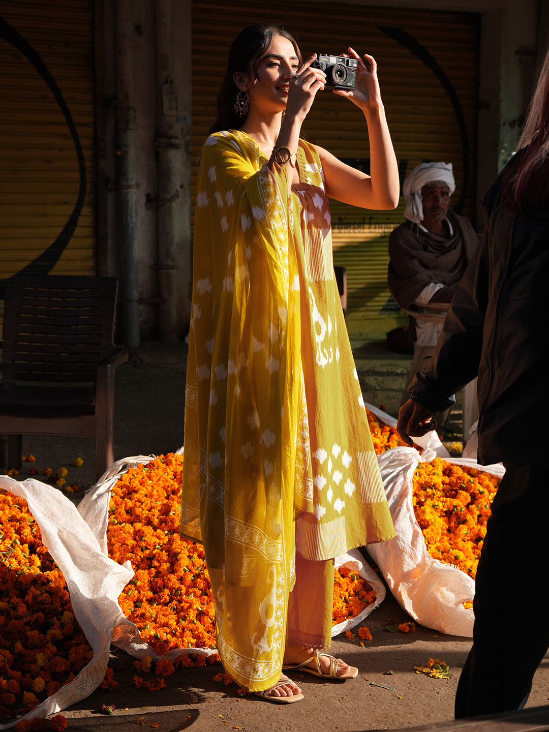 Janasya Women's Mustard Pure Cotton Ikat Printed A-line Kurta Set