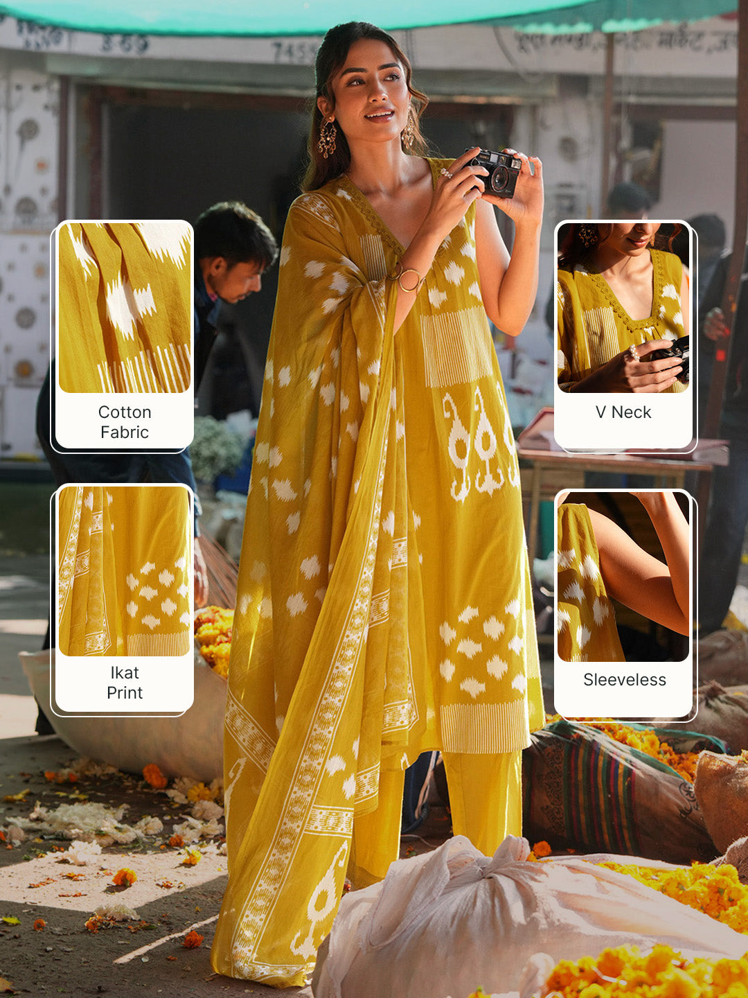 Janasya Women's Mustard Pure Cotton Ikat Printed A-line Kurta Set