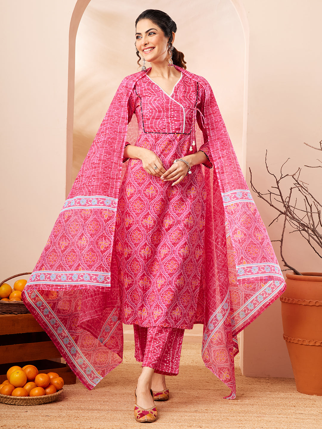 Janasya Women's Pink Pure Cotton Bandhani Printed Kurta Set