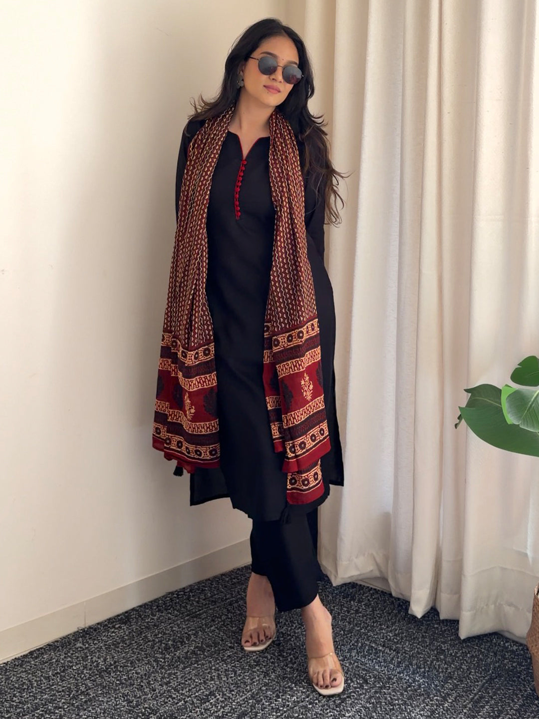 Janasya Women's Black Rayon Solid Straight Kurta Set With Printed Dupatta