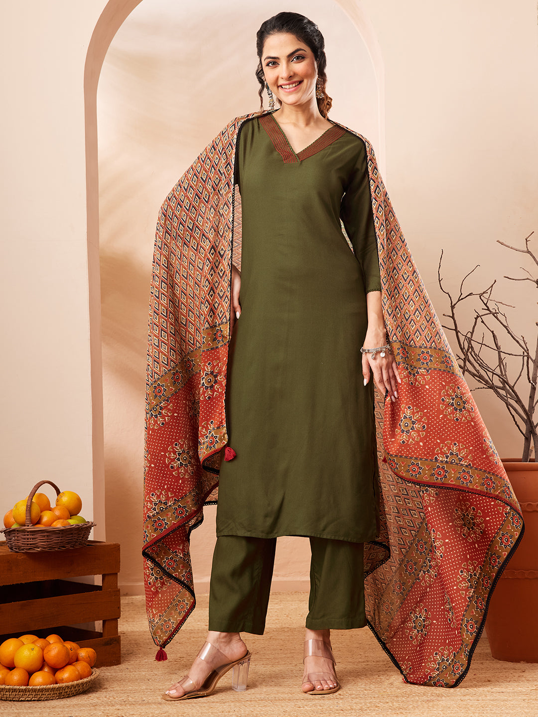 Janasya Women's Olive Green Rayon Slub Straight Kurta Set With Printed Dupatta