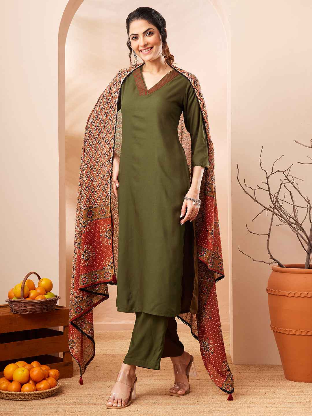 Janasya Women's Olive Green Rayon Slub Straight Kurta Set With Printed Dupatta