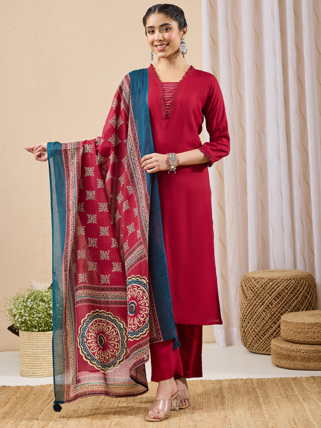 Janasya Women's Maroon Rayon Yoke Design Straight Kurta Set With Printed Dupatta