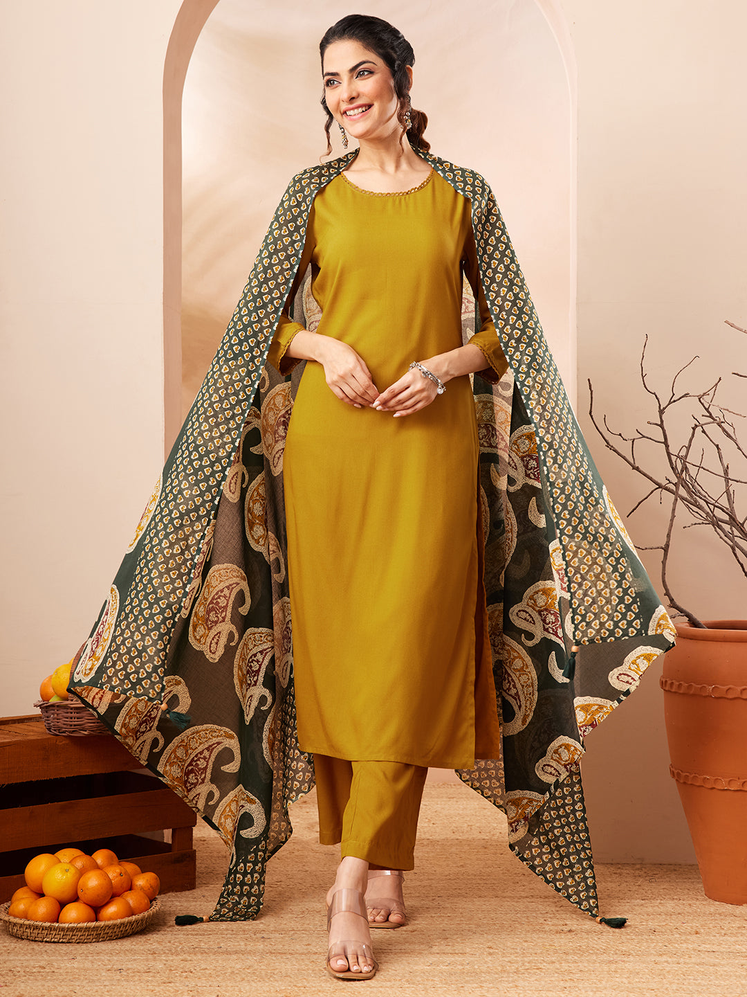 Janasya Women's Mustard Rayon Solid Straight Kurta Set