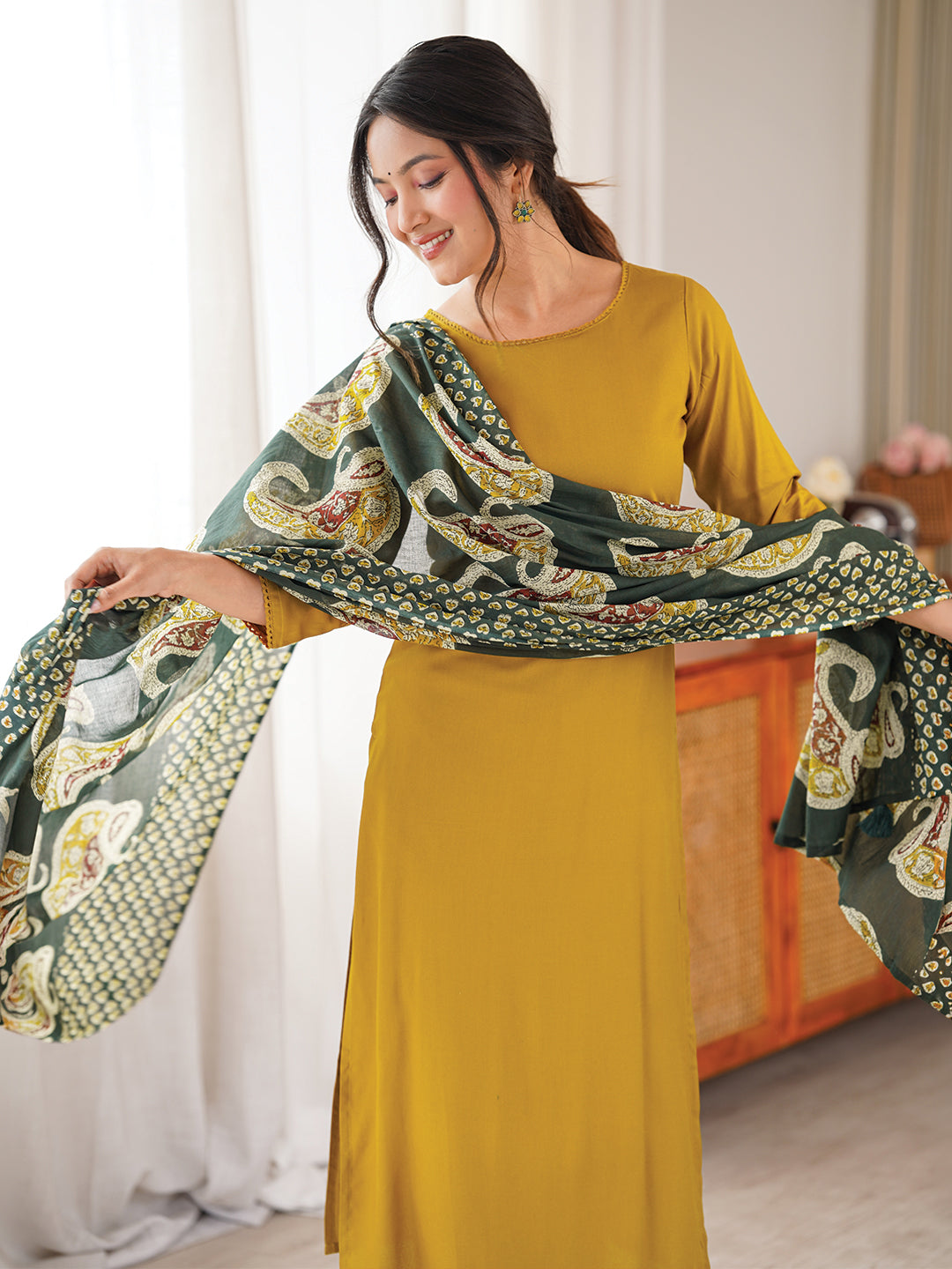 Janasya Women's Mustard Rayon Solid Straight Kurta Set