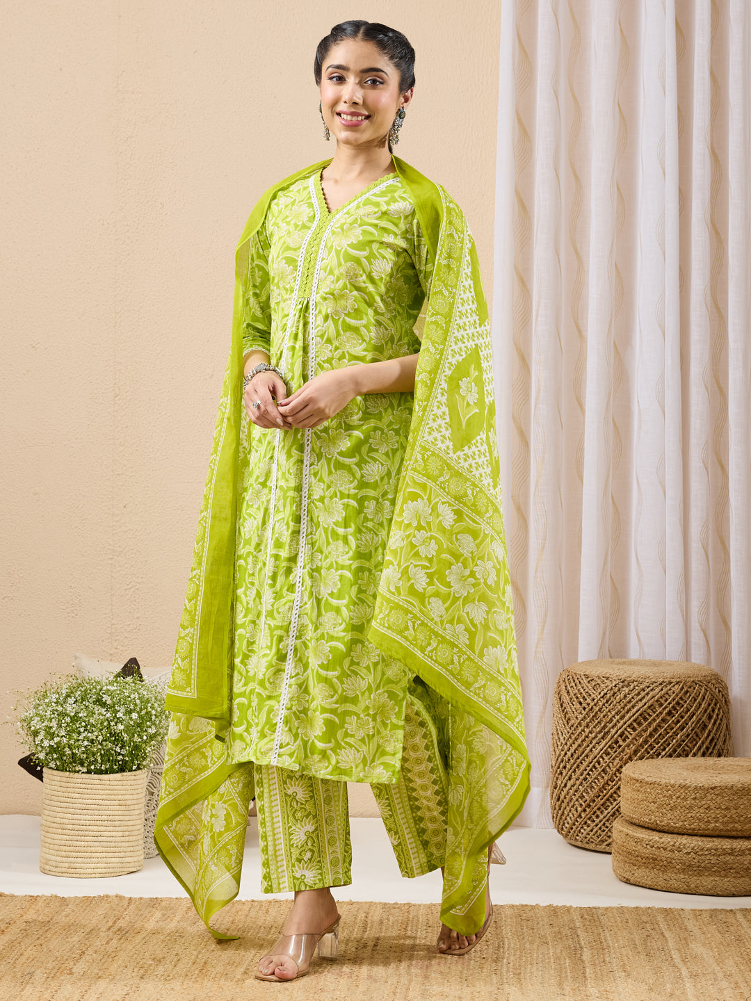 Janasya Women's Lime Green Pure Cotton Floral Printed Straight Kurta Set
