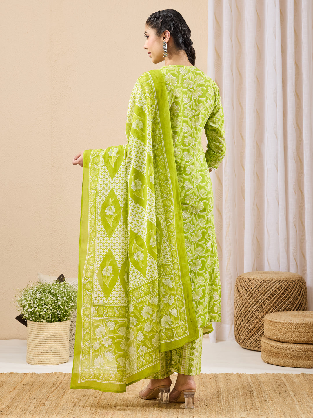 Janasya Women's Lime Green Pure Cotton Floral Printed Straight Kurta Set