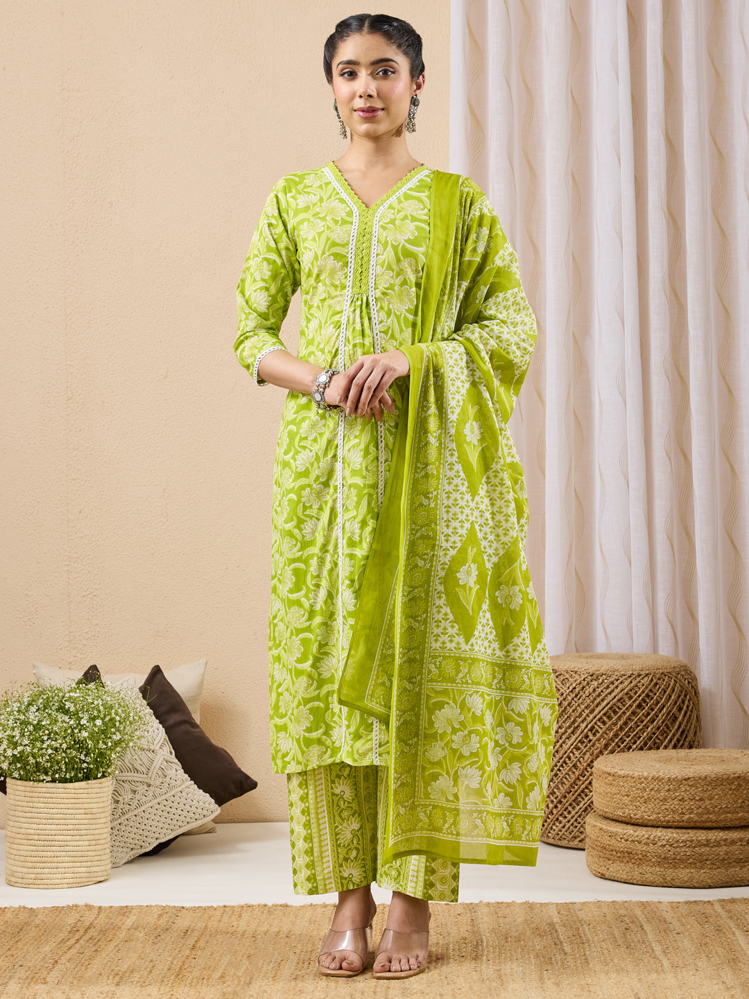 Janasya Women's Lime Green Pure Cotton Floral Printed Straight Kurta Set