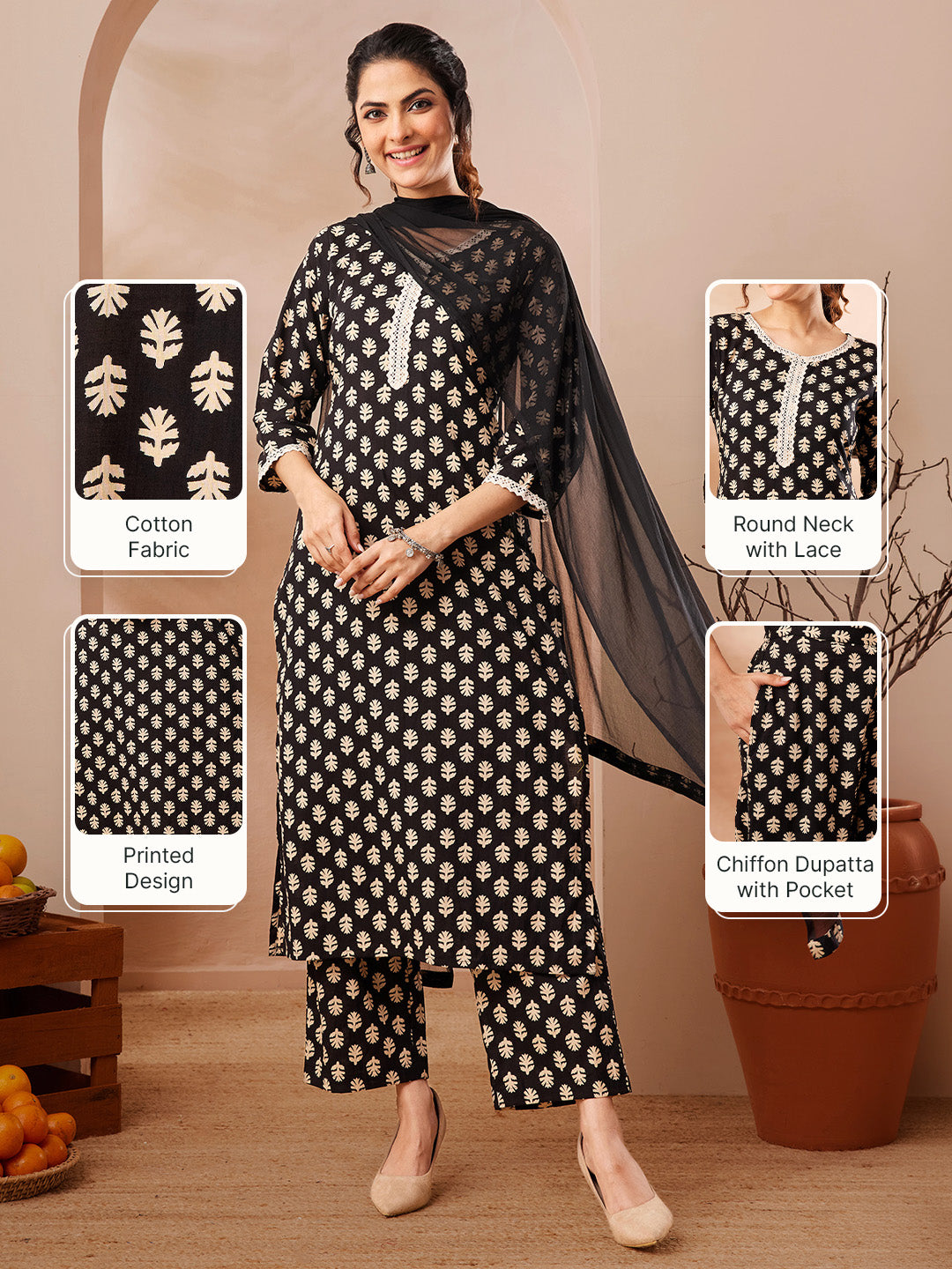 Janasya Women's Black Pure Cotton Floral Printed Straight Kurta Set