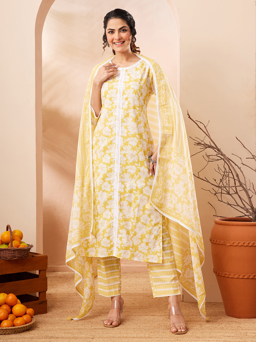 Janasya Women's Yellow Pure Cotton Floral Printed Straight Kurta Set