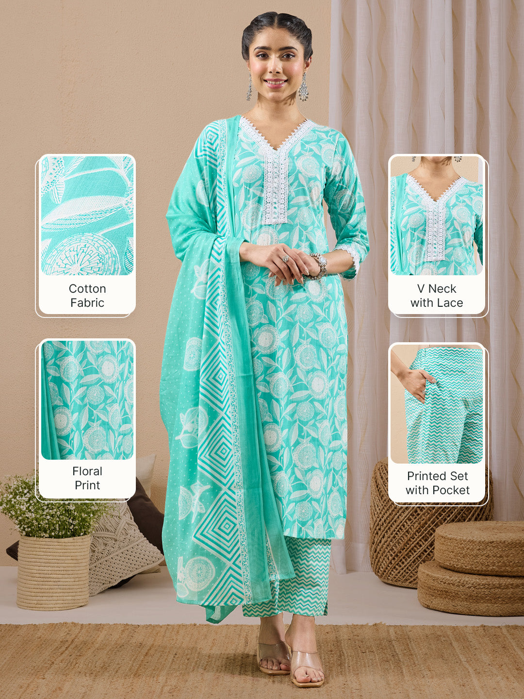 Janasya Women's Light Green Pure Cotton Floral Printed Straight Kurta Set