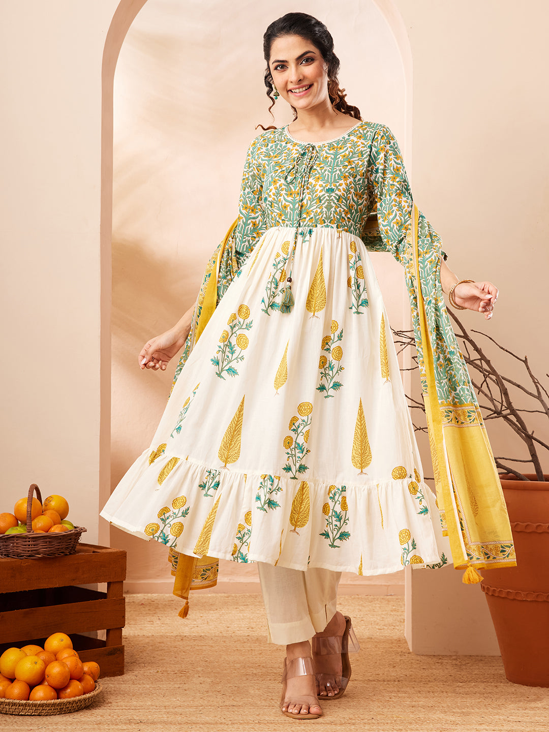 Janasya Women's Off White Pure Cotton Floral Printed Flared A-line Kurta Set