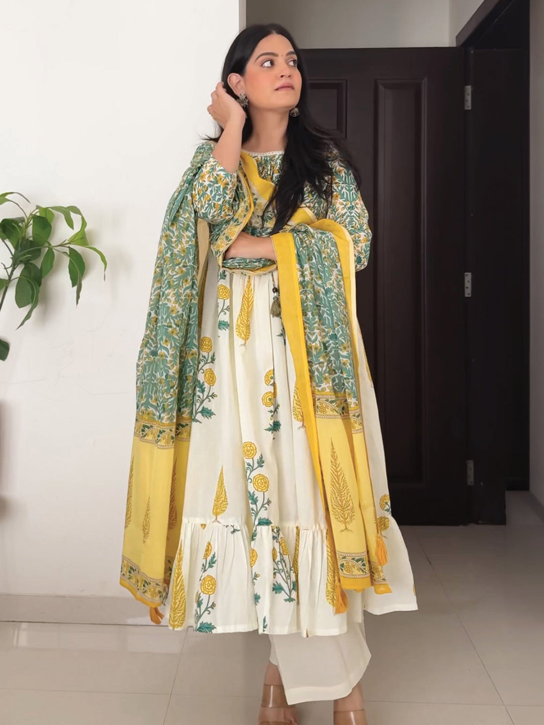 Janasya Women's Off White Pure Cotton Floral Printed Flared A-line Kurta Set