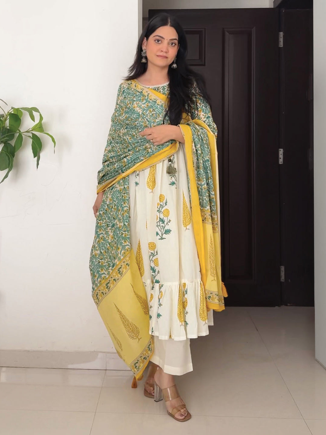 Janasya Women's Off White Pure Cotton Floral Printed Flared A-line Kurta Set