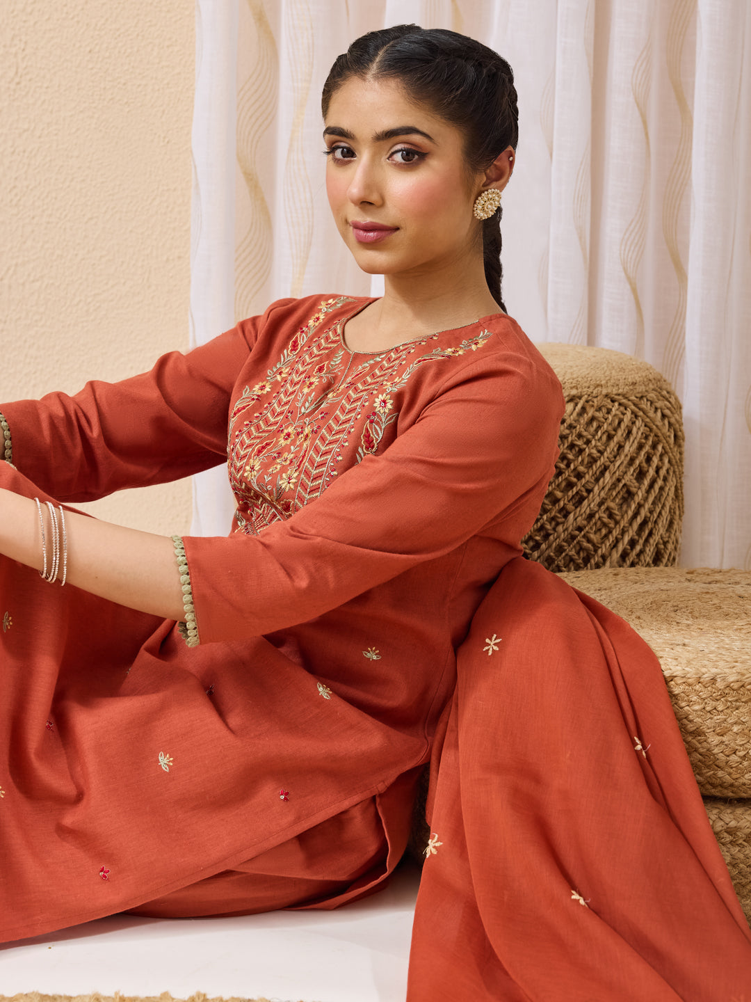 Janasya Women's Rust Linen Cotton Embroidered Straight Kurta Set