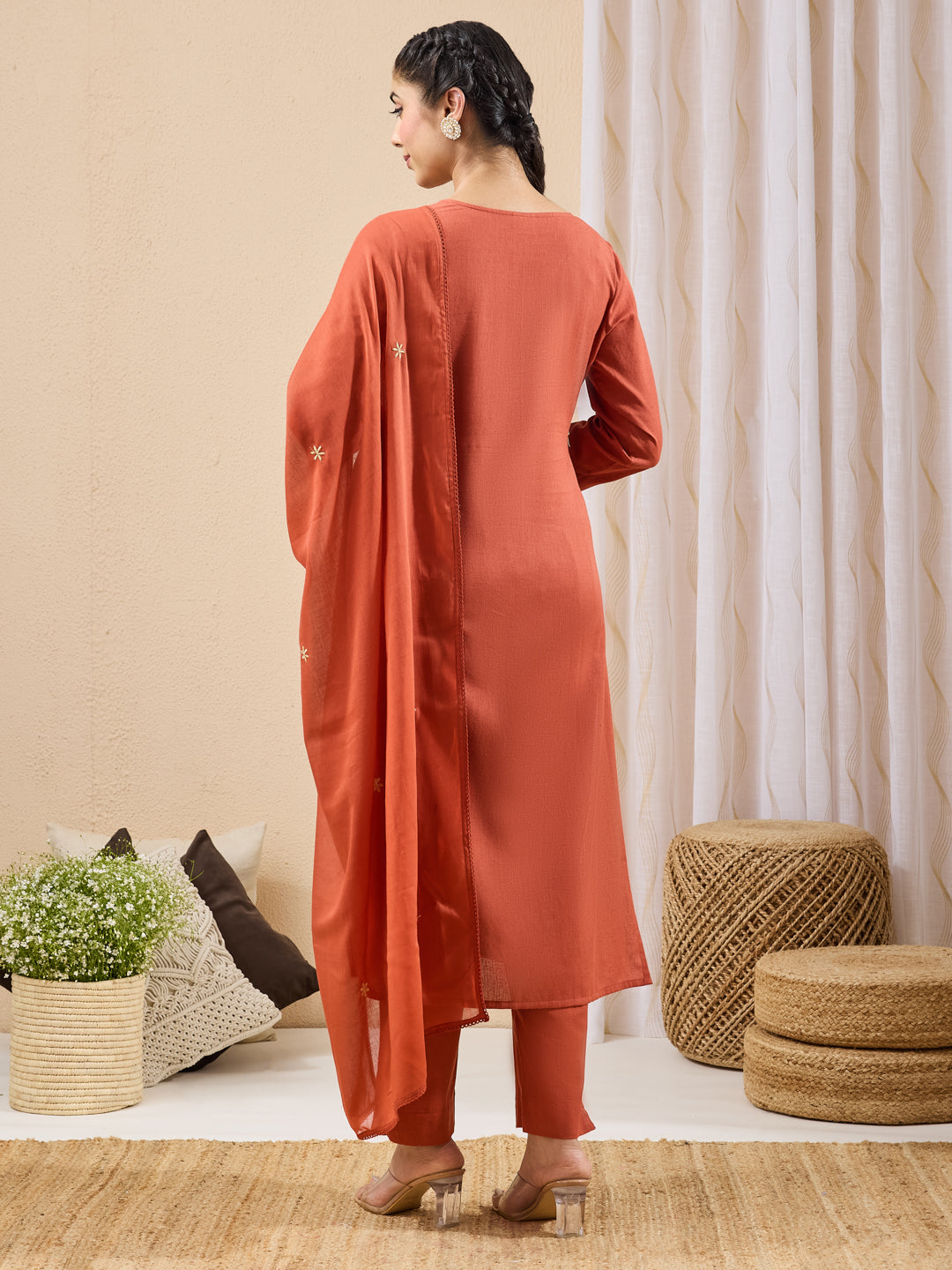 Janasya Women's Rust Linen Cotton Embroidered Straight Kurta Set