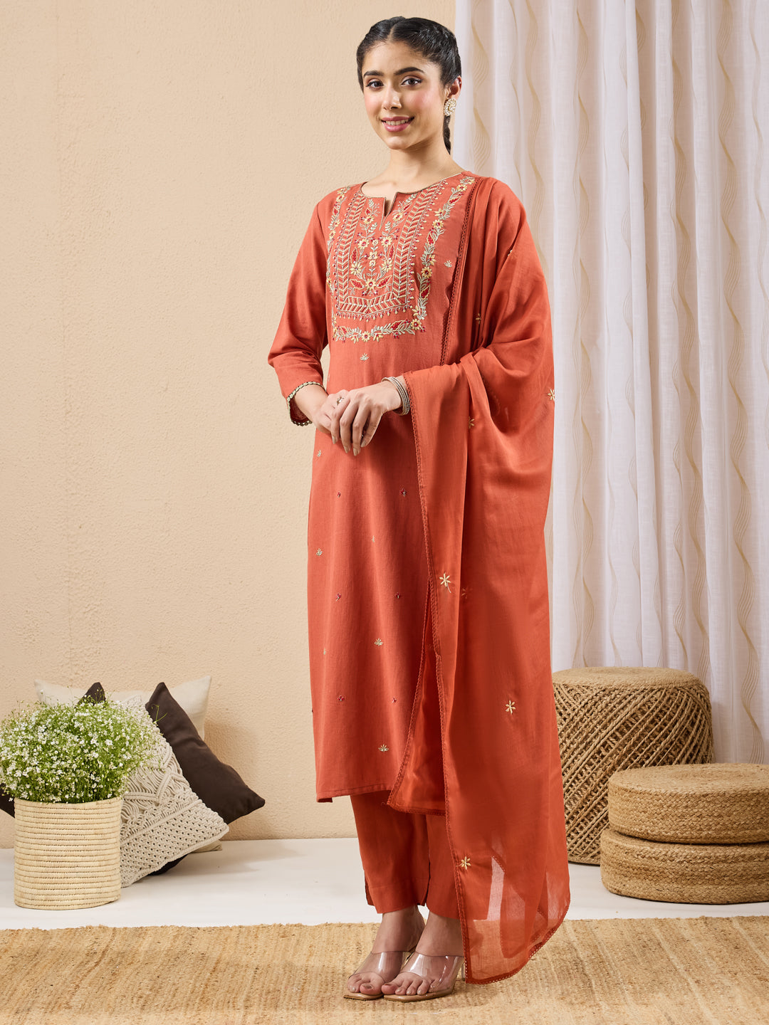 Janasya Women's Rust Linen Cotton Embroidered Straight Kurta Set