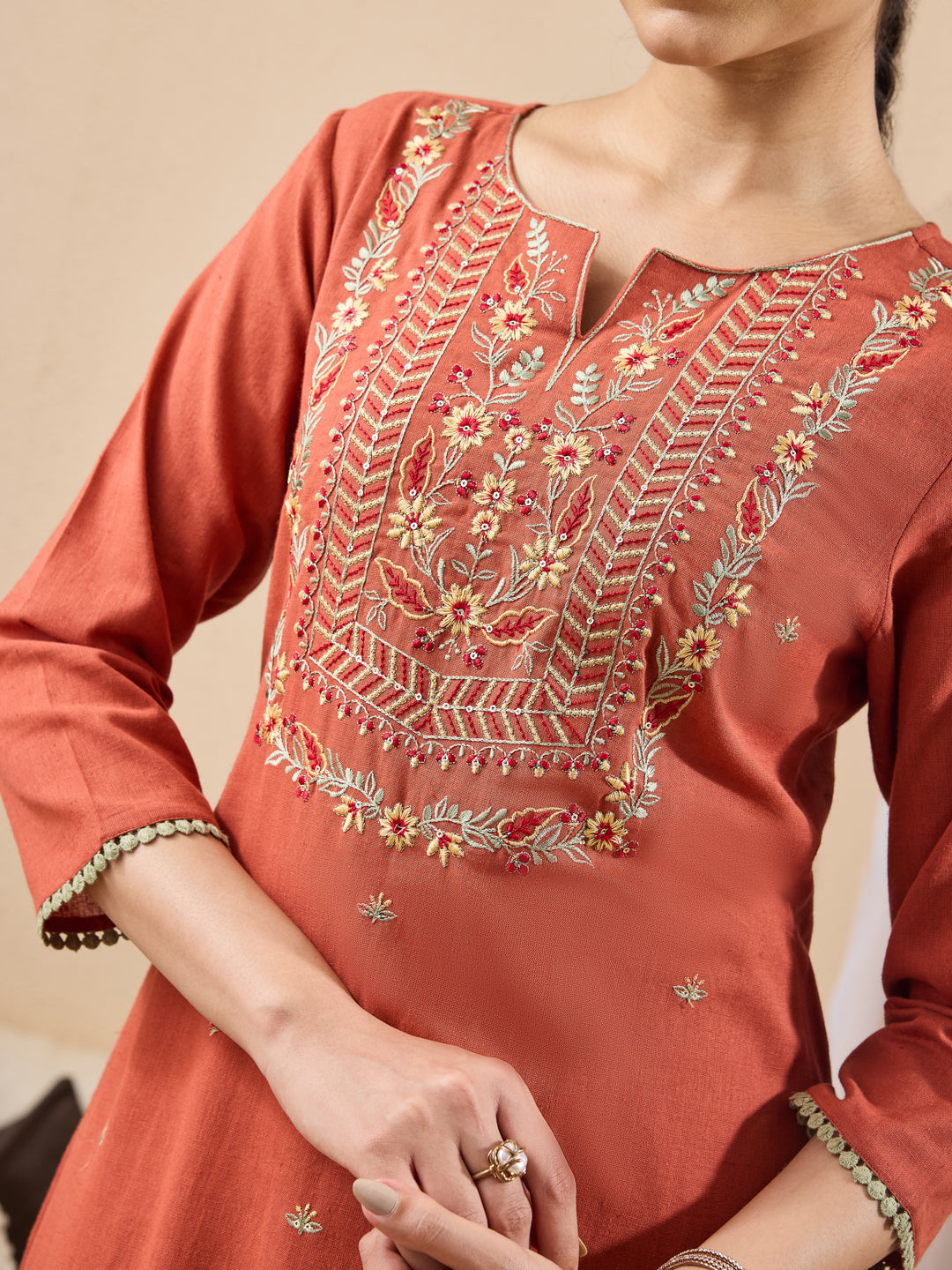 Janasya Women's Rust Linen Cotton Embroidered Straight Kurta Set