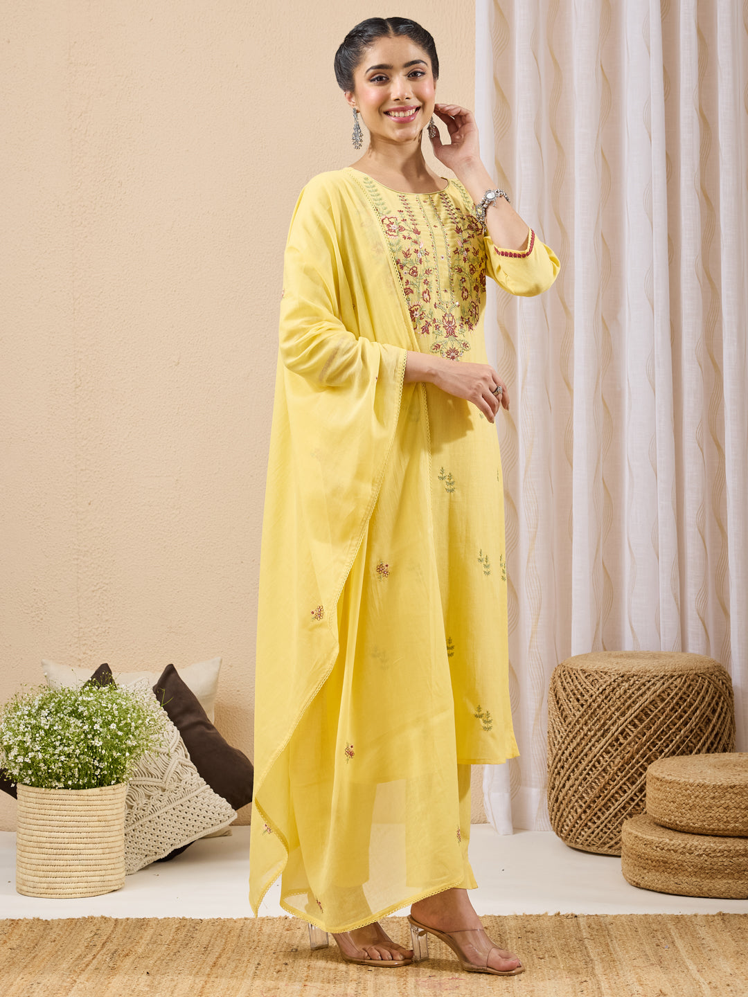 Janasya Women's Yellow Linen Cotton Embroidered Straight Kurta Set
