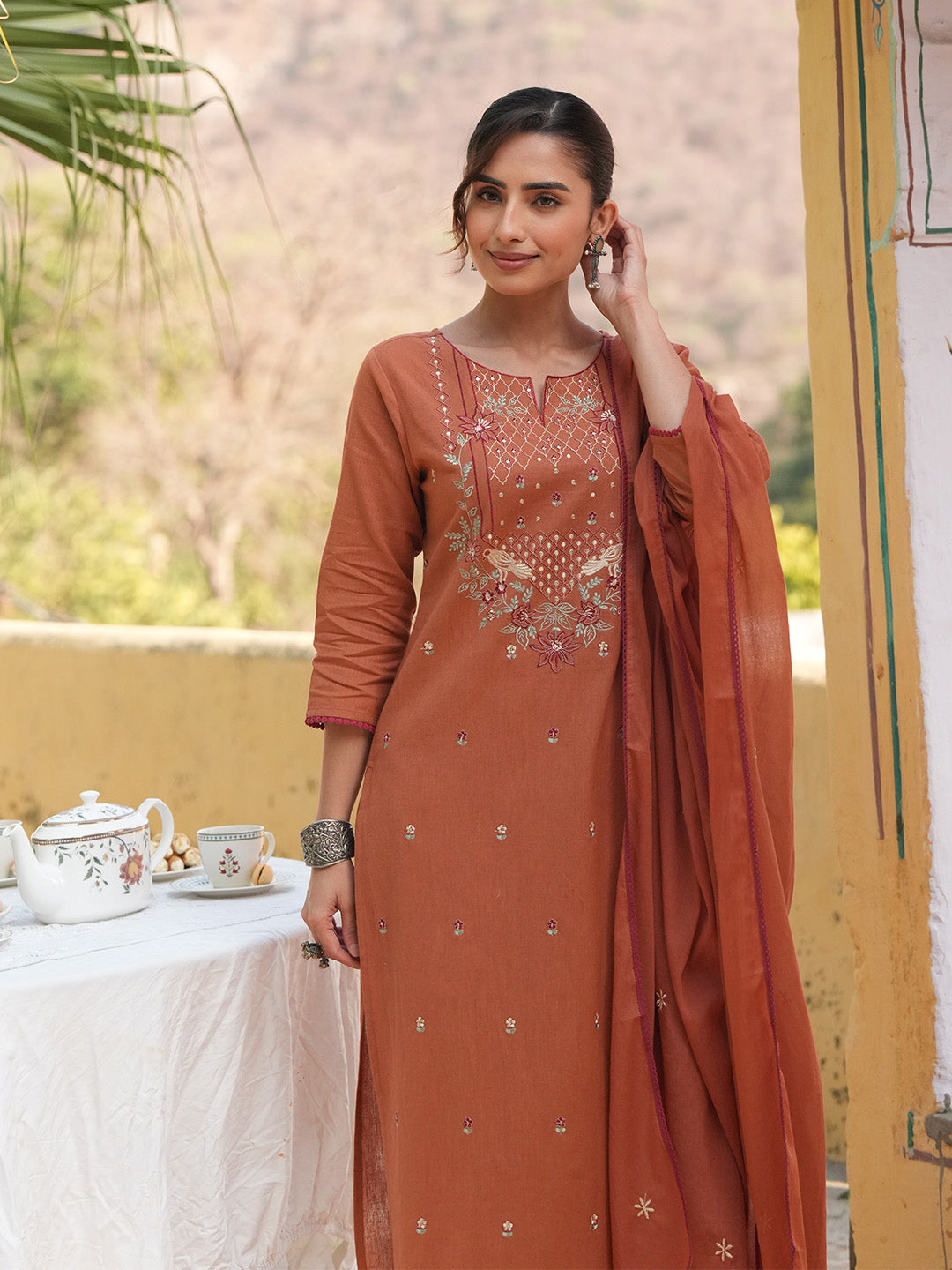 Janasya Women's Rust Linen Cotton Embroidered Straight Kurta Set