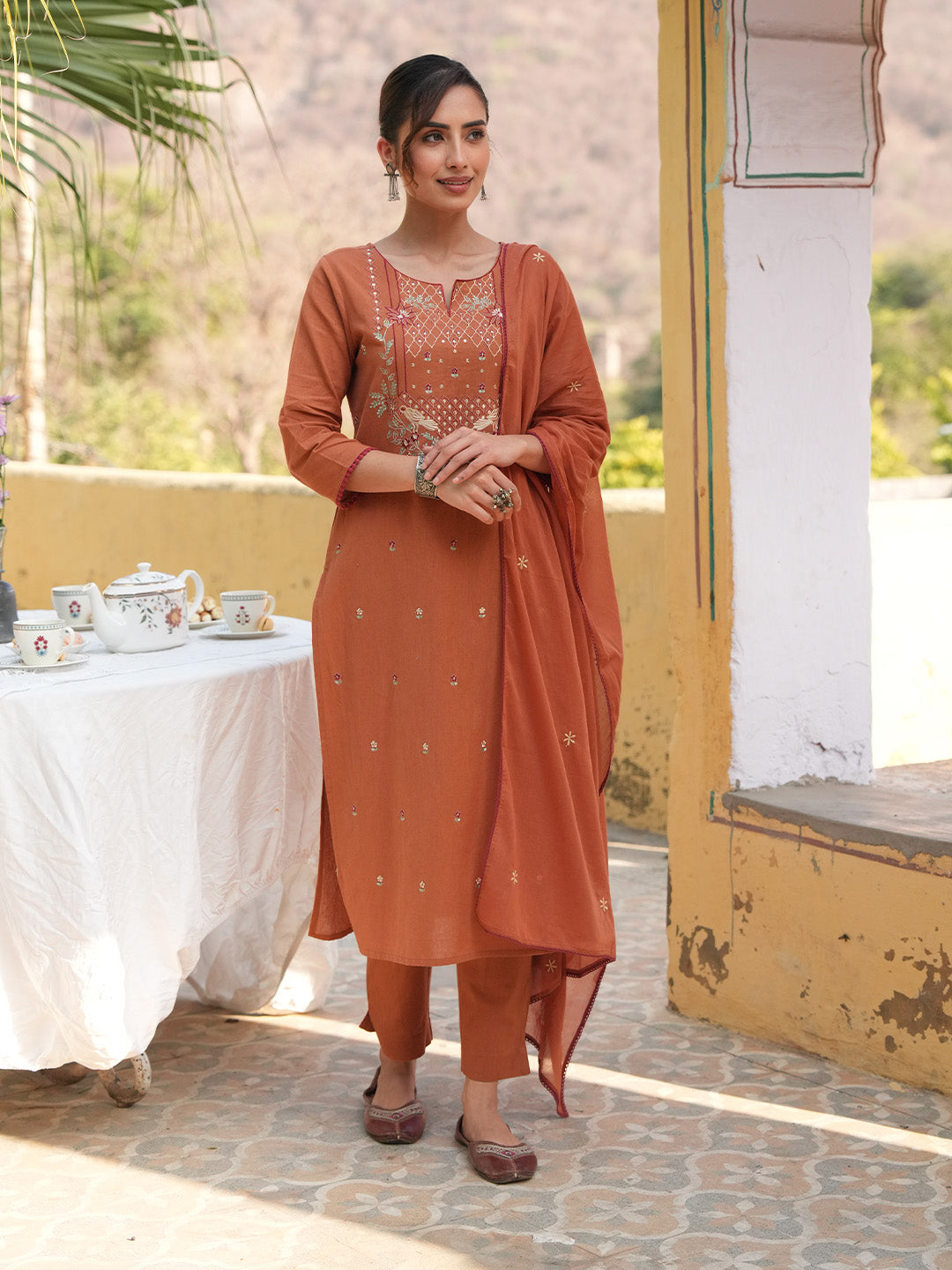 Janasya Women's Rust Linen Cotton Embroidered Straight Kurta Set