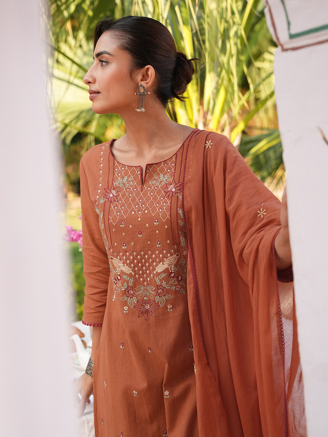Janasya Women's Rust Linen Cotton Embroidered Straight Kurta Set