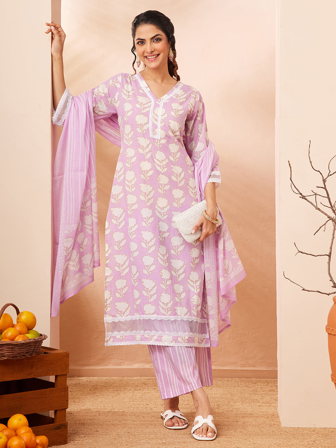 Janasya Women's Lavender Pure Cotton Floral Printed Straight Kurta Set